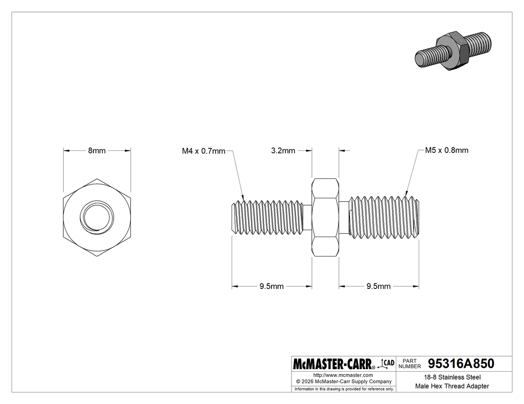 Technical Drawing of 18-8 Stainless Steel Male Hex Thread Adapter, M4 x 0.7 mm to M5 x 0.8 mm Thread Size.